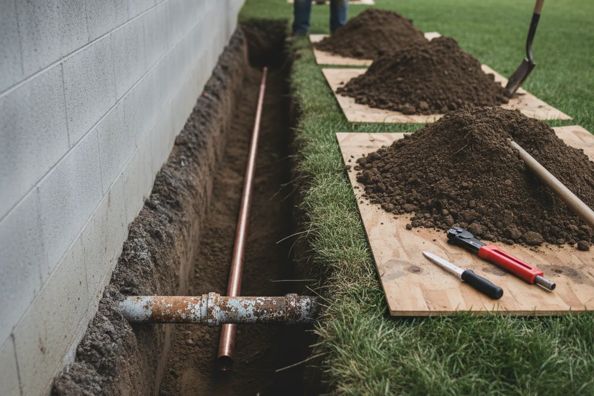 Excavated water line trench during Water Softener Installation in Dowell